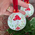 Toadstool hand-painted Christmas ceramic bauble, Mushroom Christmas decoration 