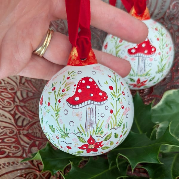 Toadstool hand-painted Christmas ceramic bauble, Mushroom Christmas decoration 