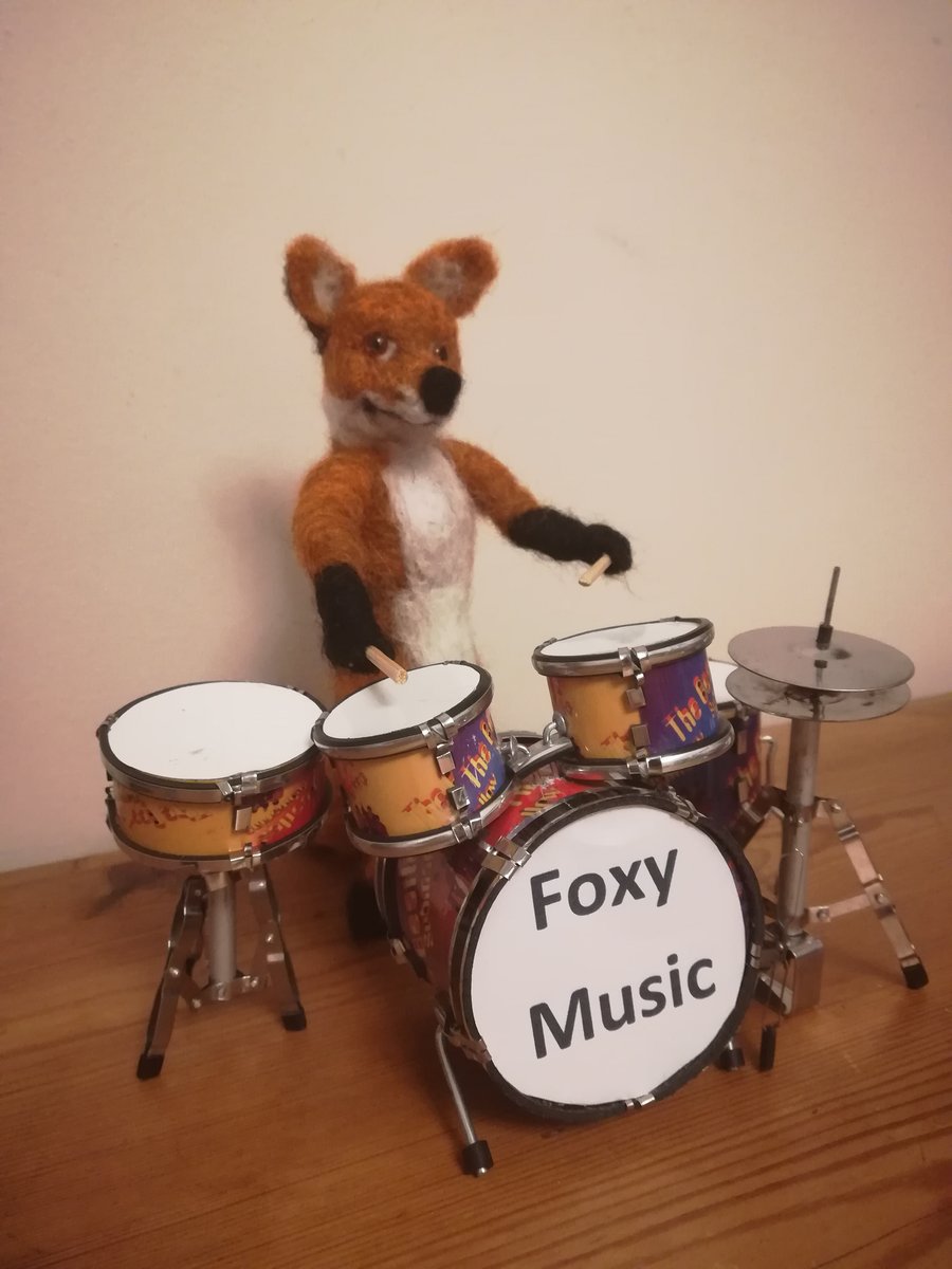 Foxy Music, Drummer music, musician needle felted wool sculpture, OOAK fox