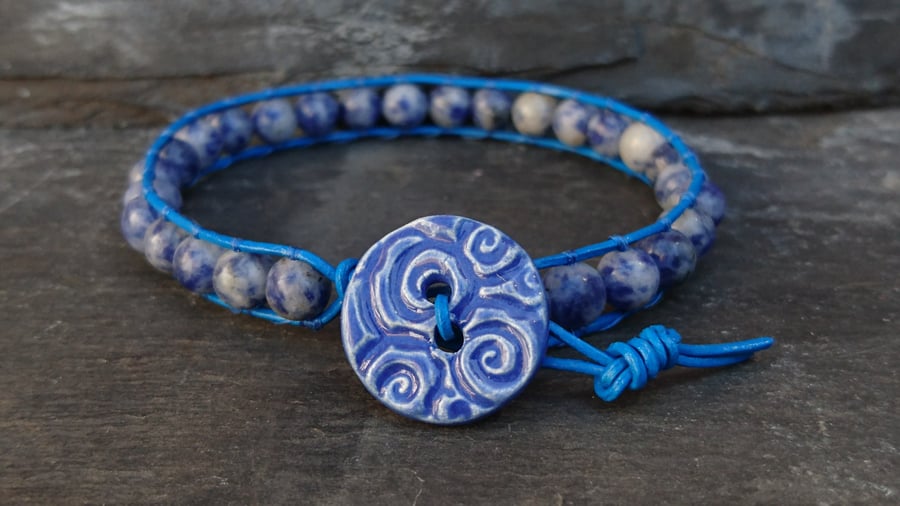 Denim lapis lazuli bracelet with ceramic button, semi precious for September