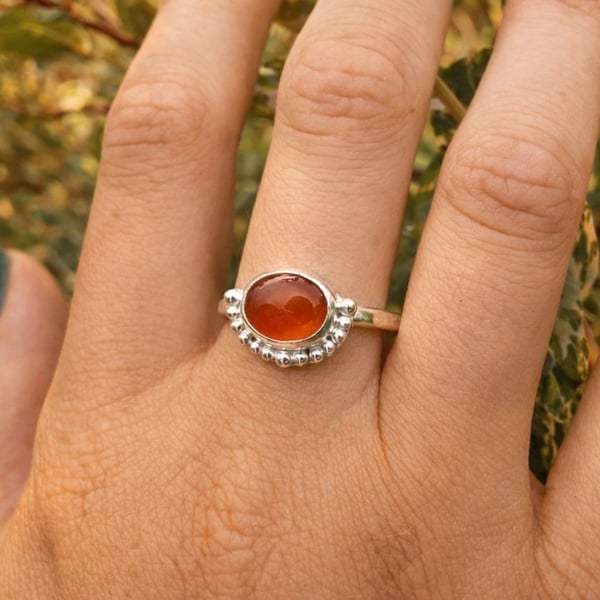Sterling Silver Carnelian Ring with Granulation - Size S