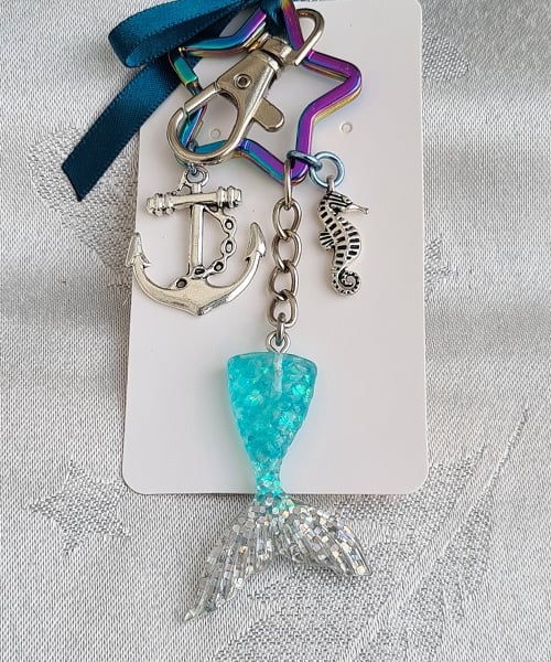 Gorgeous Blue Mermaid Tail Key Ring - Bag Charm - Key Chain.