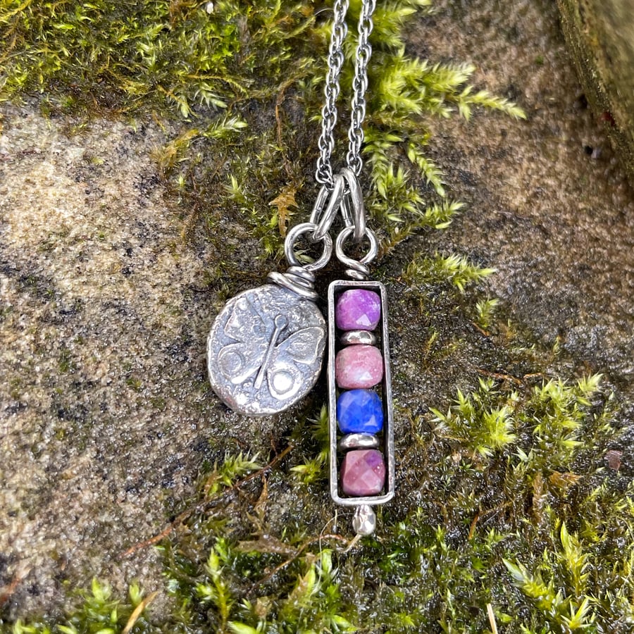 Oxidised silver butterfly pendant with gemstone bead dangle on chain