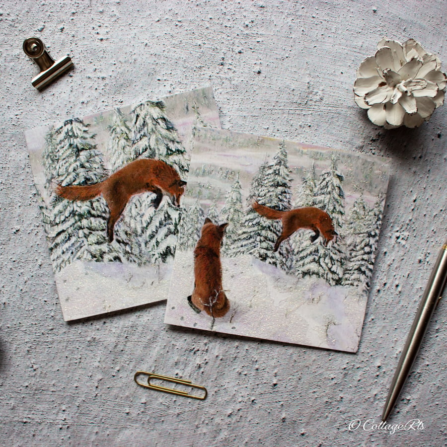 Christmas Card Pack of 6 Fox Cards Hand Designed and Finished By CottageRts