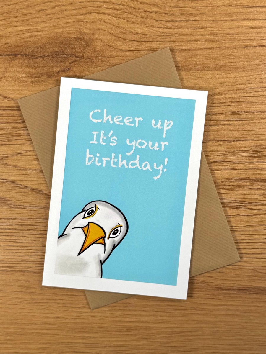 Cheeky Seagull birthday card - Original hand illustrated blank greeting card