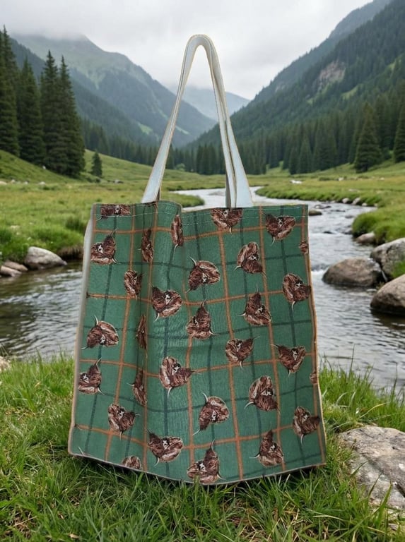 Small Highland Cow Tartan Tote Bag Cotton 31 cm x 31 cm 