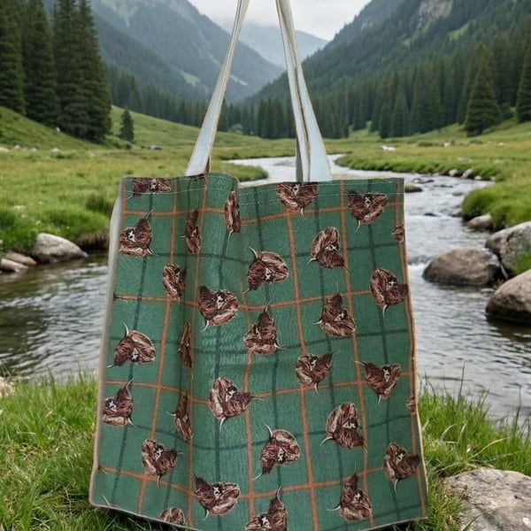 Small Highland Cow Tartan Tote Bag Cotton 31 cm x 31 cm 