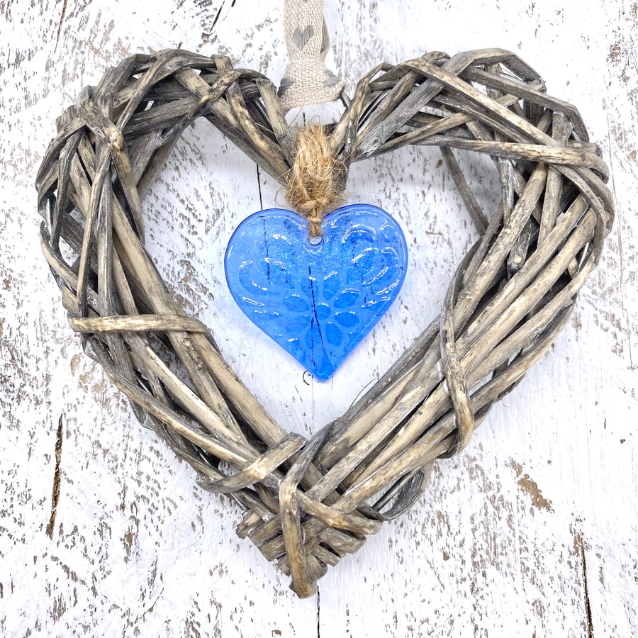 Fused Glass & Wicker Hanging Heart -  Blue