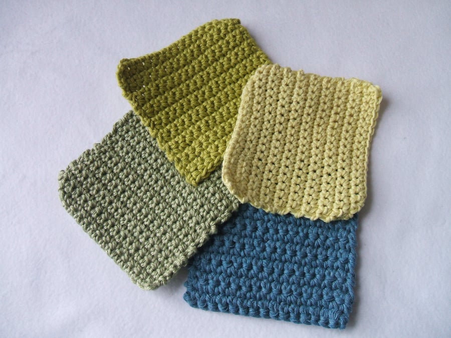 Crocheted 100% cotton face scrubbies, pads x 4 - blue & greens
