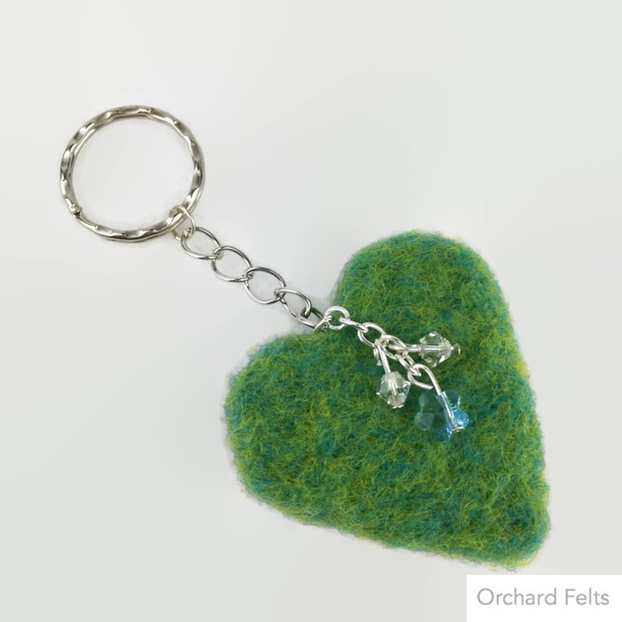 Needle felted heart keyring in green with Swarovski elements