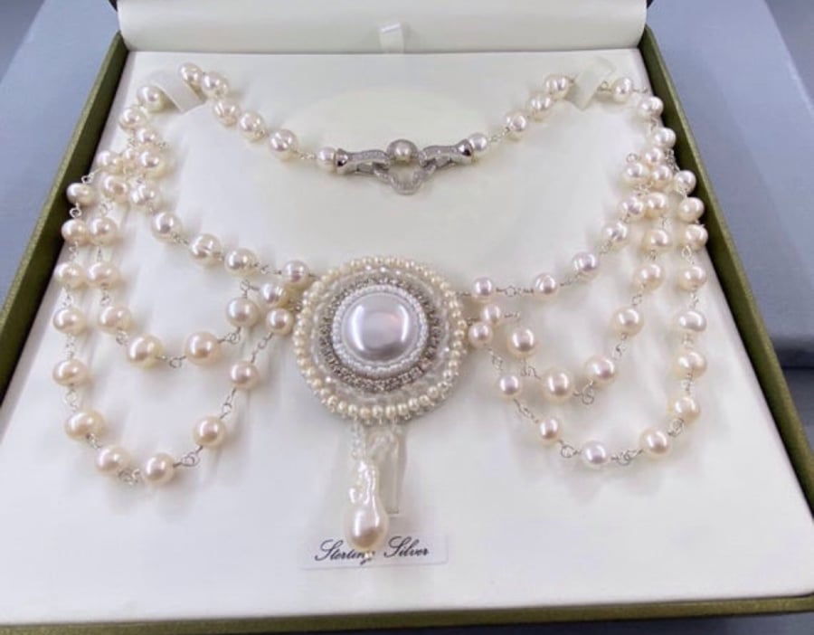 Vintage Style Cultured Pearl Draped Bridal Necklace 