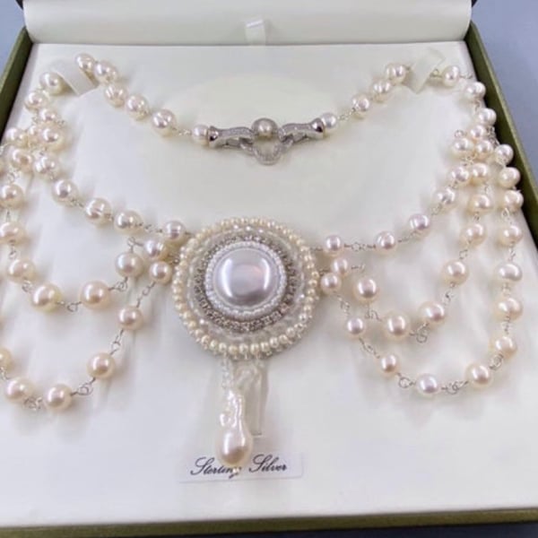 Vintage Style Cultured Pearl Draped Bridal Necklace 