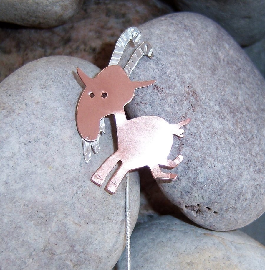 Capricorn goat brooch pin in copper with sterling silver