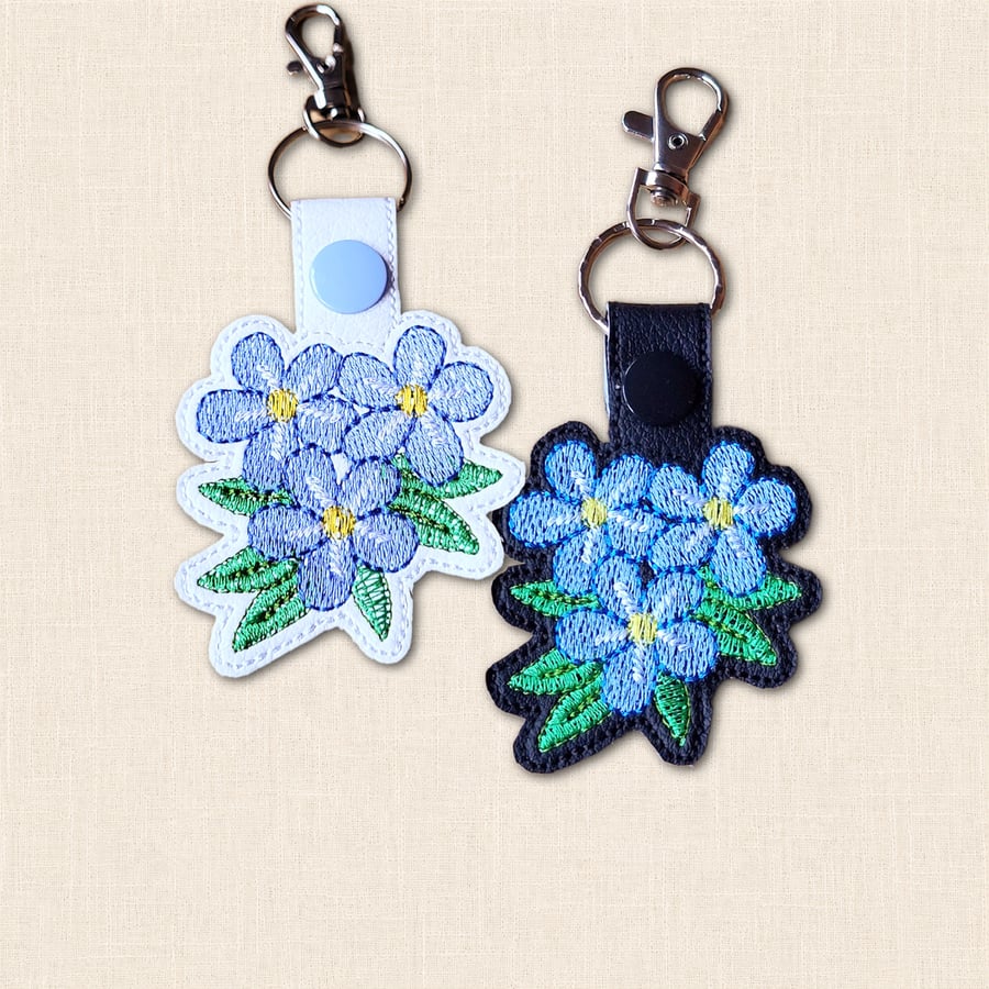 Forget Me Not Flower Keyring - Embroidered Faux Leather Bag Charm