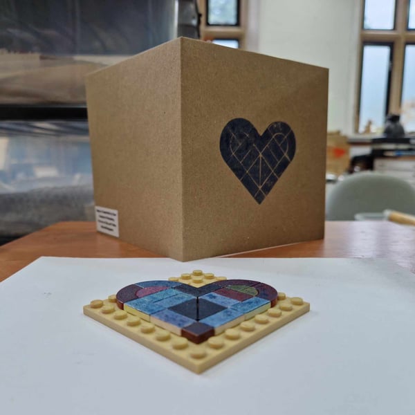 Lego love heart card. 5x5 inches with envelope. Hand printed.