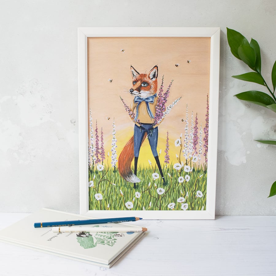 Country fox with foxglove flowers. A4 unframed print. 