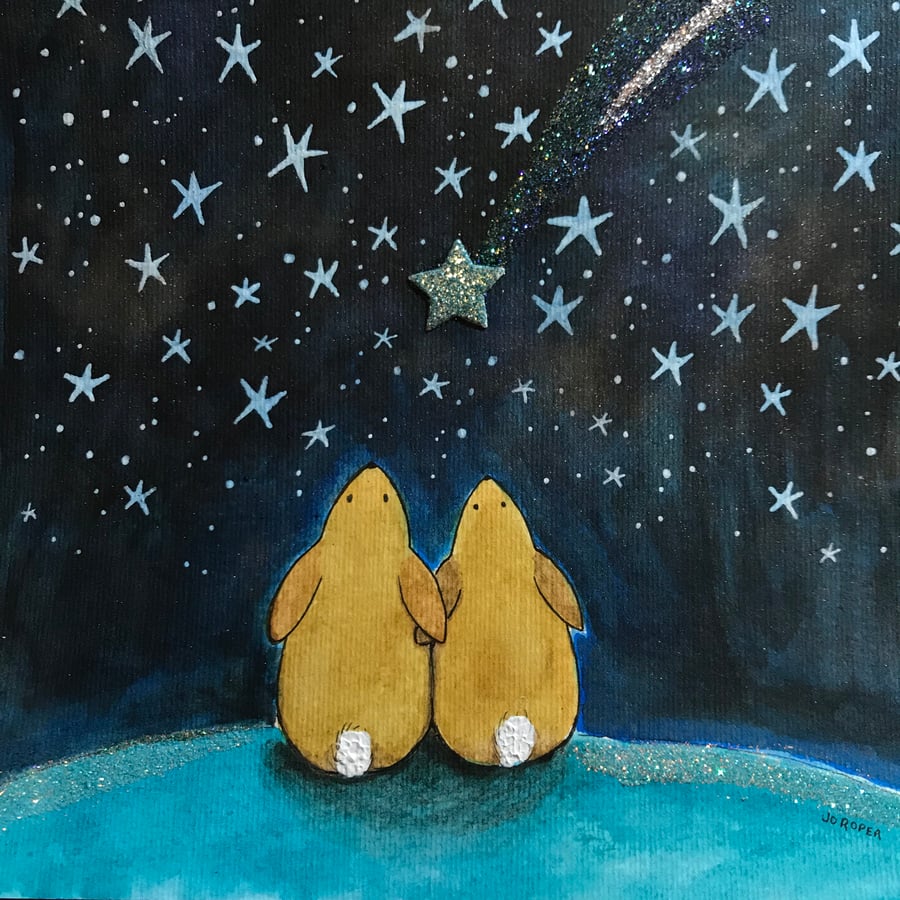 Original Painting star gazing bunnies rabbits couple nursery  Jo Roper