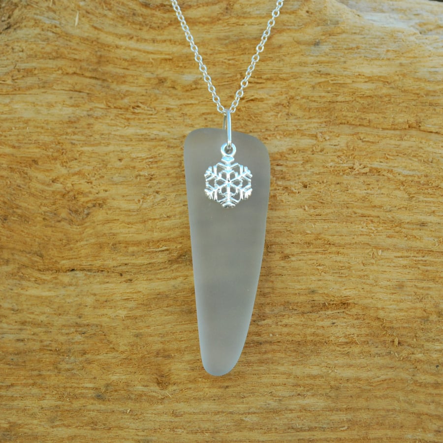 Beach glass pendant with silver snowflake charm