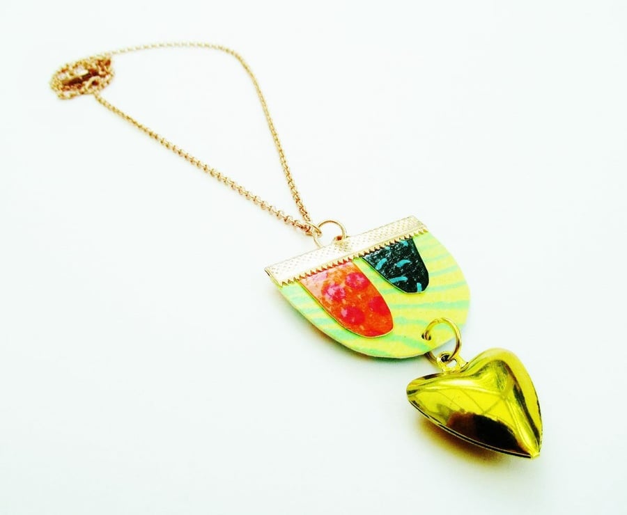 Funky Pendant Necklace Lime Lemon Citrus Tones Hand Painted Paper Jewellery