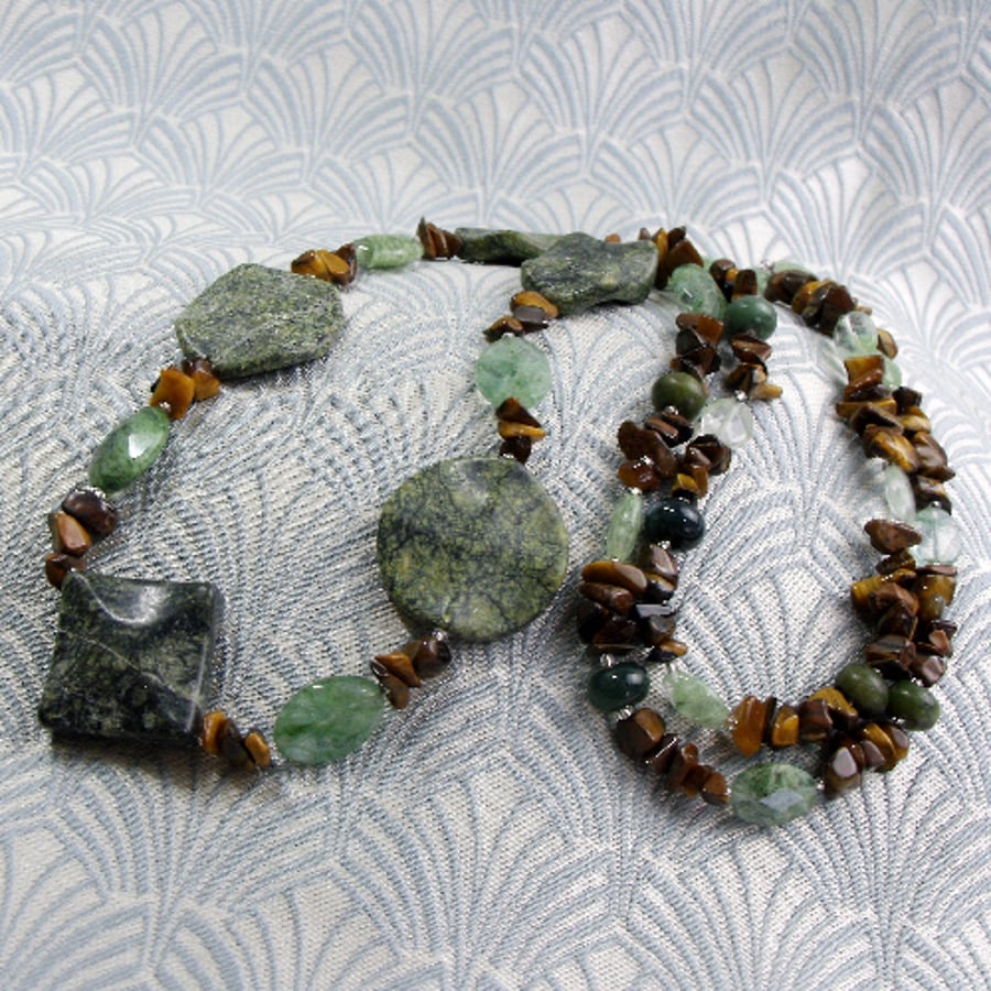 Long semi-precious necklace, handmade jade tigers eye, long necklace NM1