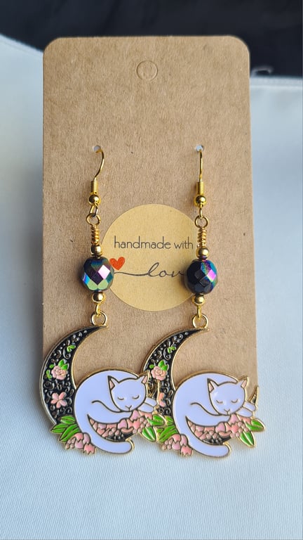 Cat Moon Earrings  - Dark Faceted AB Beads