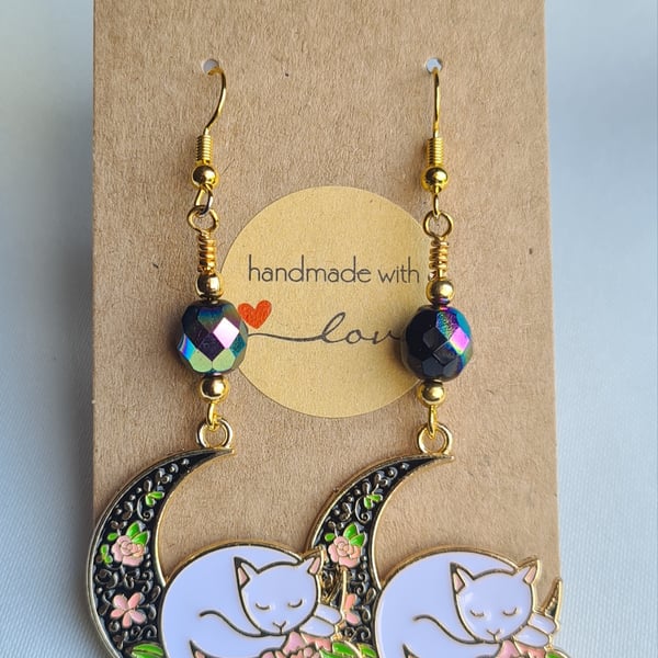 Cat Moon Earrings  - Dark Faceted AB Beads