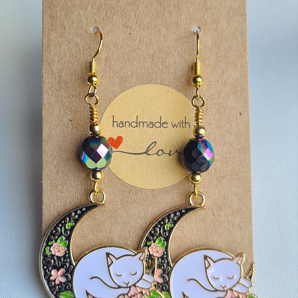 Cat Moon Earrings  - Dark Faceted AB Beads