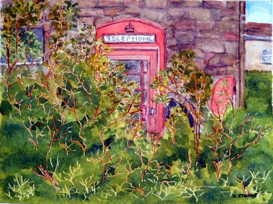 Perranuthnoe, Cornwall classic red telephone box pillar box original watercolour