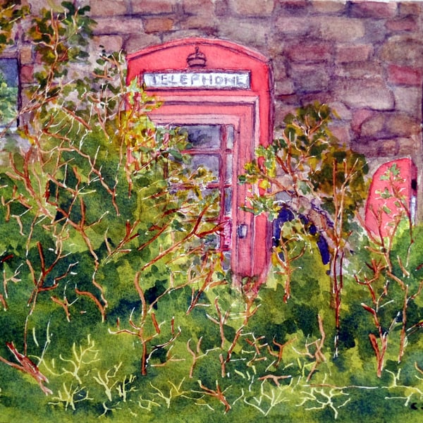 Perranuthnoe Cornwall classic red telephone box pillar box original watercolour