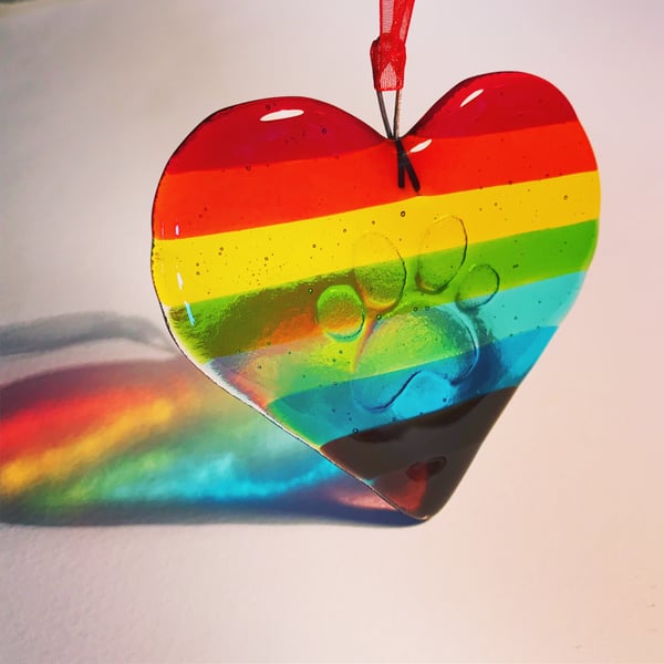 PAW PRINT Fused Glass Rainbow Heart