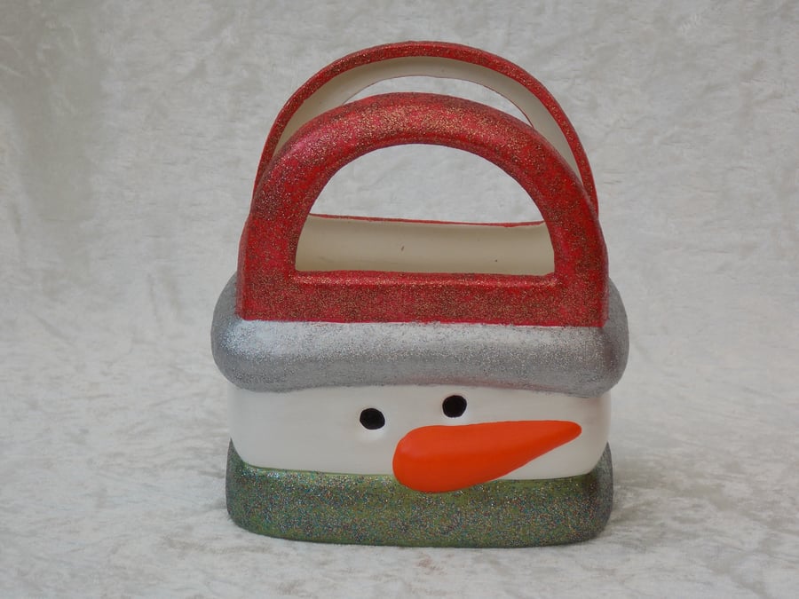 Ceramic Hand Painted Christmas Xmas Snowman Gift Bag Box Basket Table Decoration