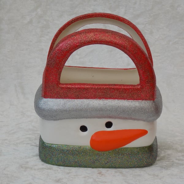 Ceramic Hand Painted Christmas Xmas Snowman Gift Bag Box Basket Table Decoration