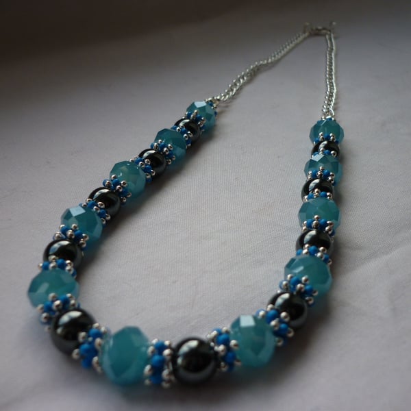 TROPICAL SEA, HEMATITE, BLUE AND SILVER NECKLACE.  995