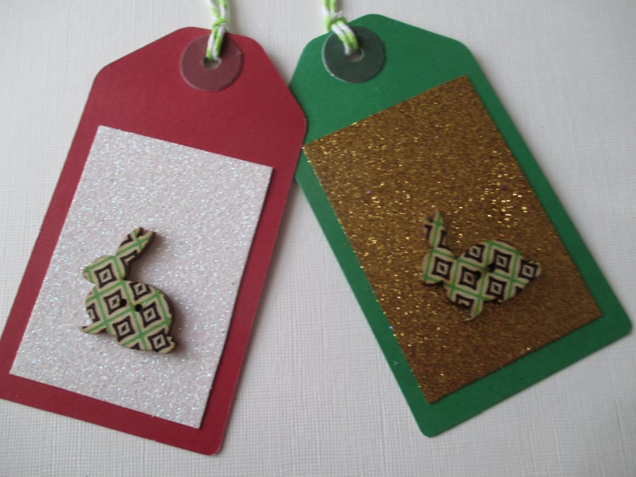 Gift Tag Christmas Bunny Rabbit Button Gift Tag Glitter Red Gold Green