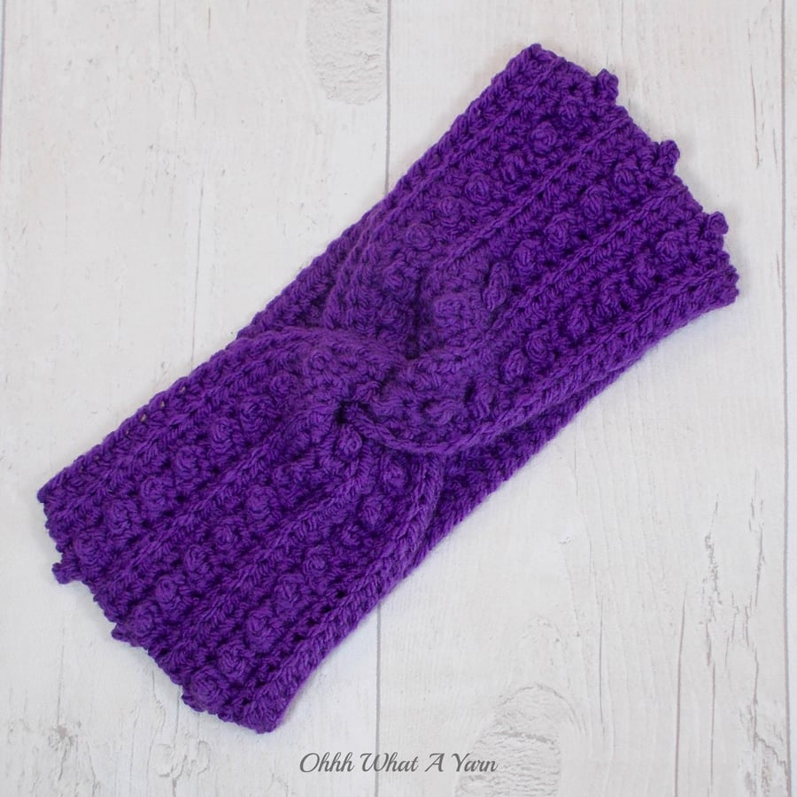 Crochet headband, ear warmer. Ladies purple twist ear warmer. Purple headband.