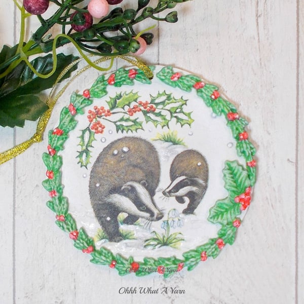 Badger mixed media hanging decoration. Badger ornament. Badger decoration.