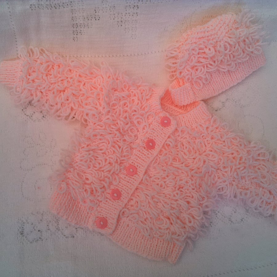 Baby Girl's Looped Cardigan and Bonnet Set, Baby Girl's Outfit, Baby Shower Gift
