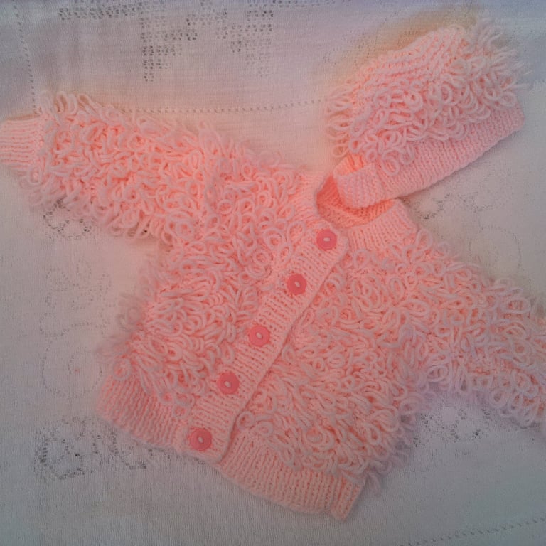 Baby Girl's Looped Cardigan and Bonnet Set, Baby Girl's Outfit, Baby Shower Gift