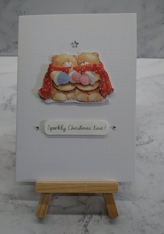 Christmas Card Sparkly Christmas Time Teddy Bears Cuddles 3D Luxury Handmade