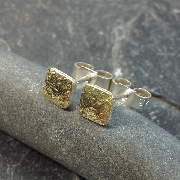 Tiny square stud earrings 18ct gold and silver