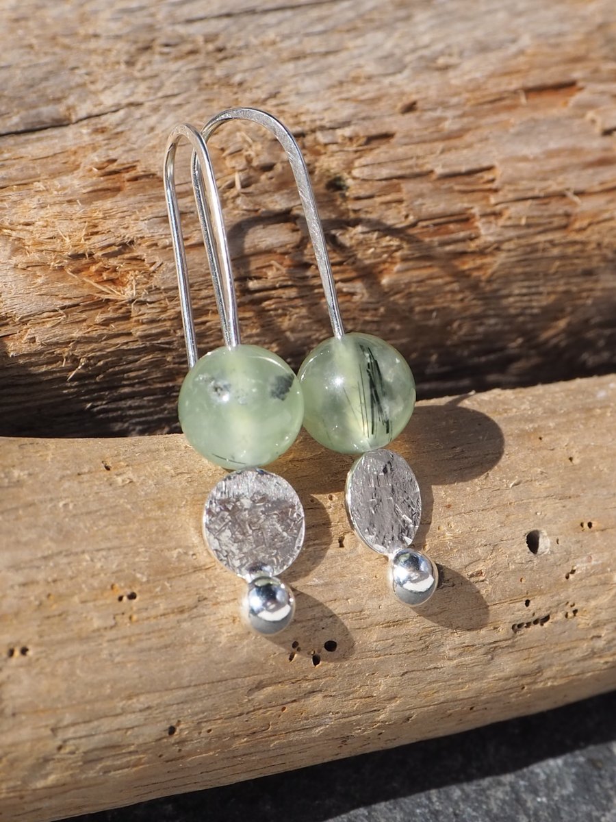 Earrings, Prehnite and hammered silver disc drop earrings, recycled silver, ARC