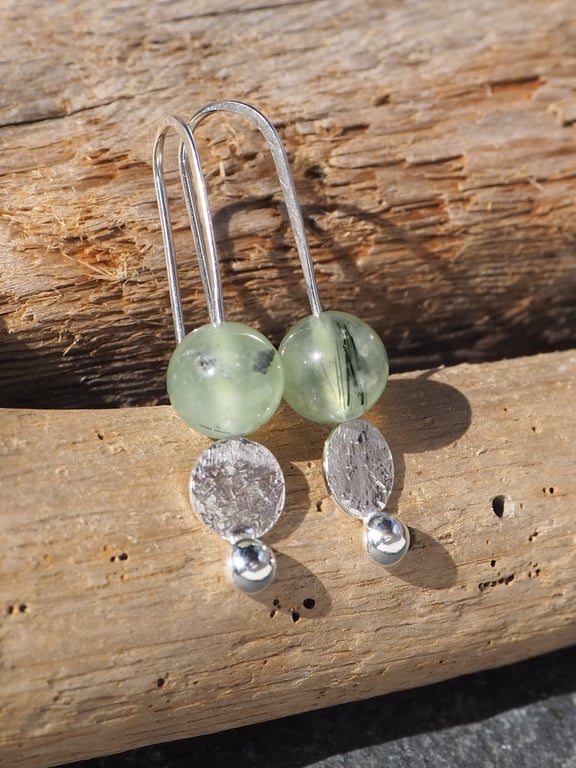Earrings, Prehnite and hammered silver disc drop earrings, recycled silver, ARC