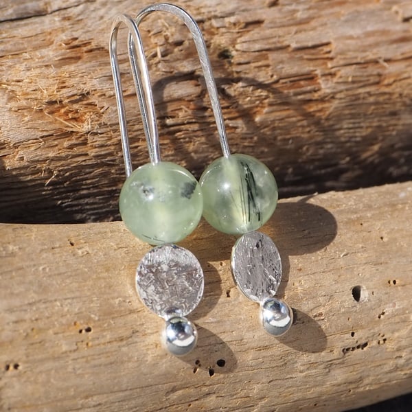 Earrings, Prehnite and hammered silver disc drop earrings, recycled silver, ARC