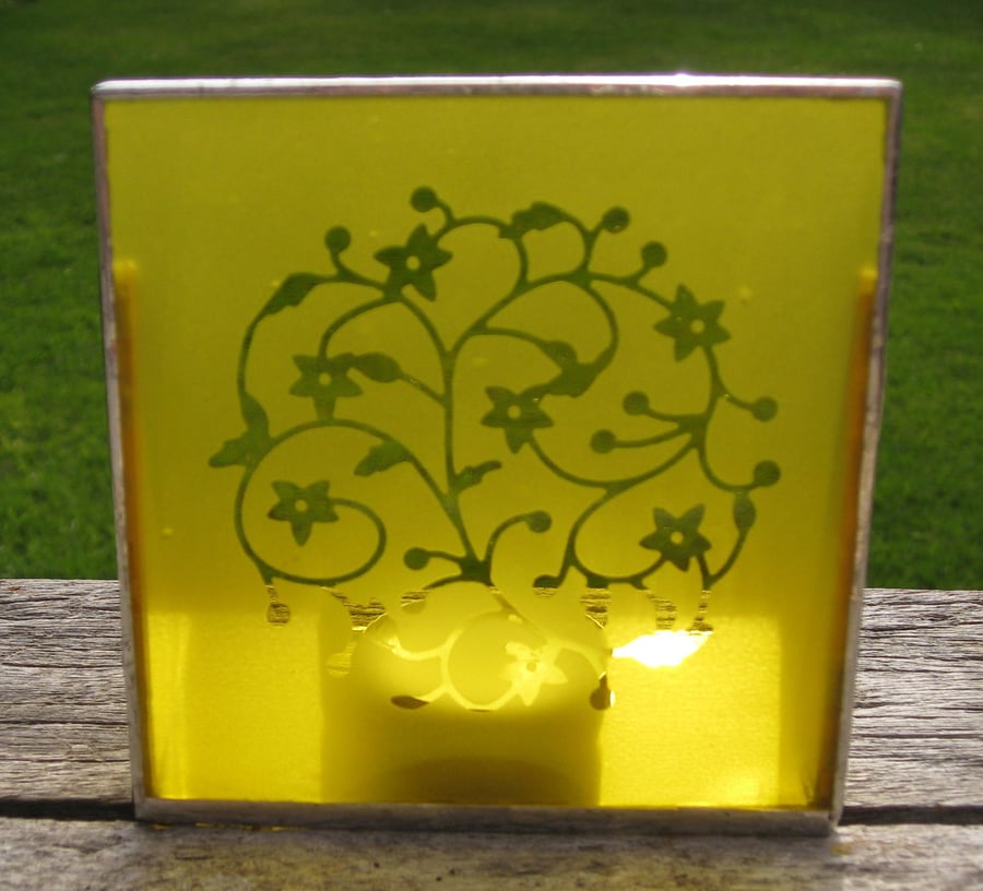 Yellow etched glass candle holder