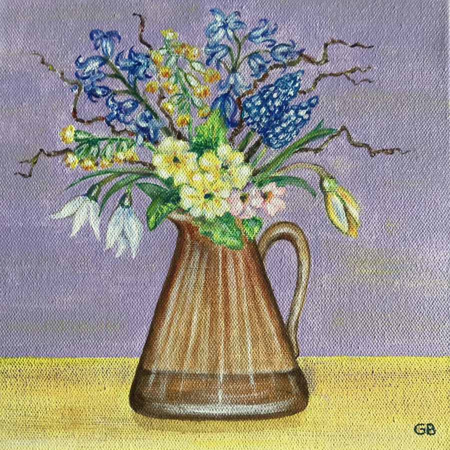 Original Spring Flower Painting, 'Spring Flowers in a Dip-Glazed brown Jug'