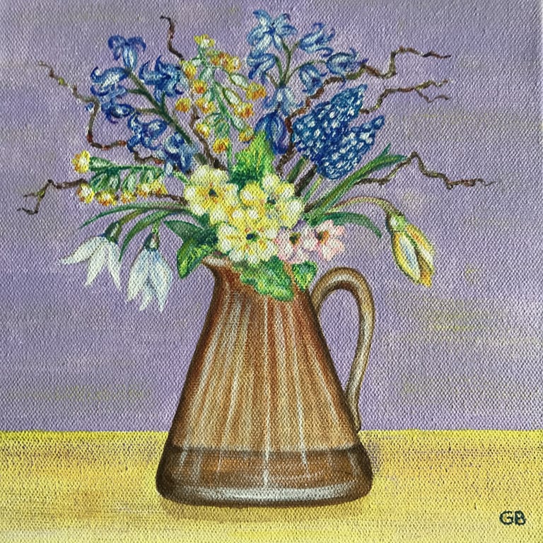 Original Spring Flower Painting, 'Spring Flowers in a Dip-Glazed brown Jug'