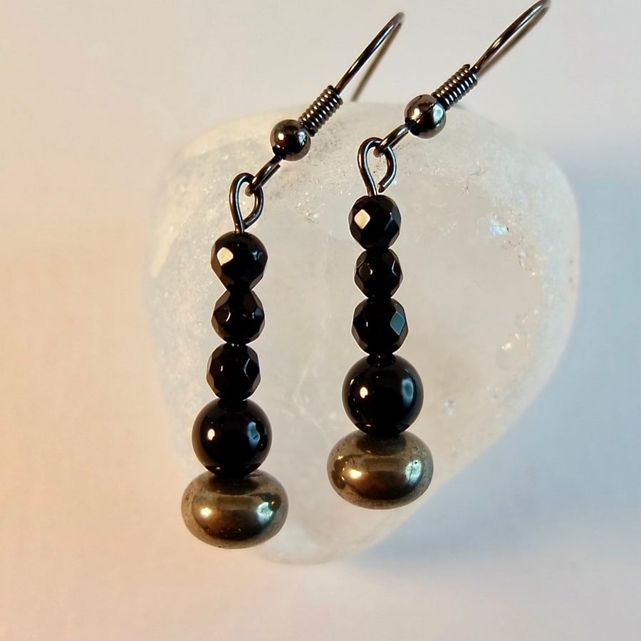 Pyrite And Black Onyx Earrings - Handmade In Devon