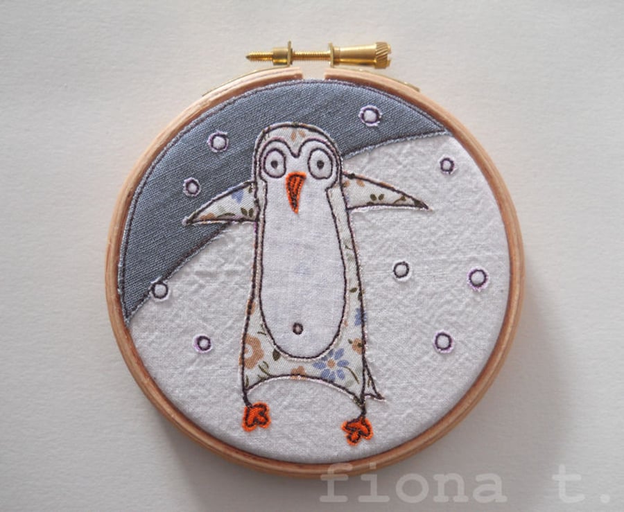 snowy penguin embroidery hoop