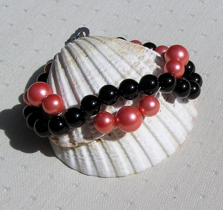 SALE Black Onyx & Coral Shell Pearl Gemstone Wave Bracelet- SALE PRICE