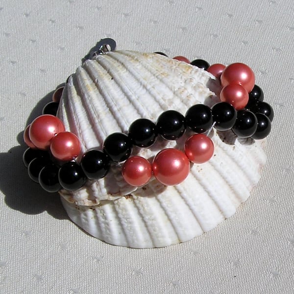 SALE Black Onyx & Coral Shell Pearl Gemstone Wave Bracelet- SALE PRICE